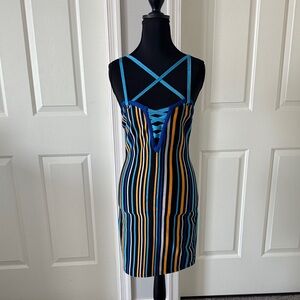 Fashion Nova Blue and Yellow Striped Backless Dress